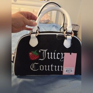 Juicy Couture Black Satchel with White Trim and Red Strawberry Patch